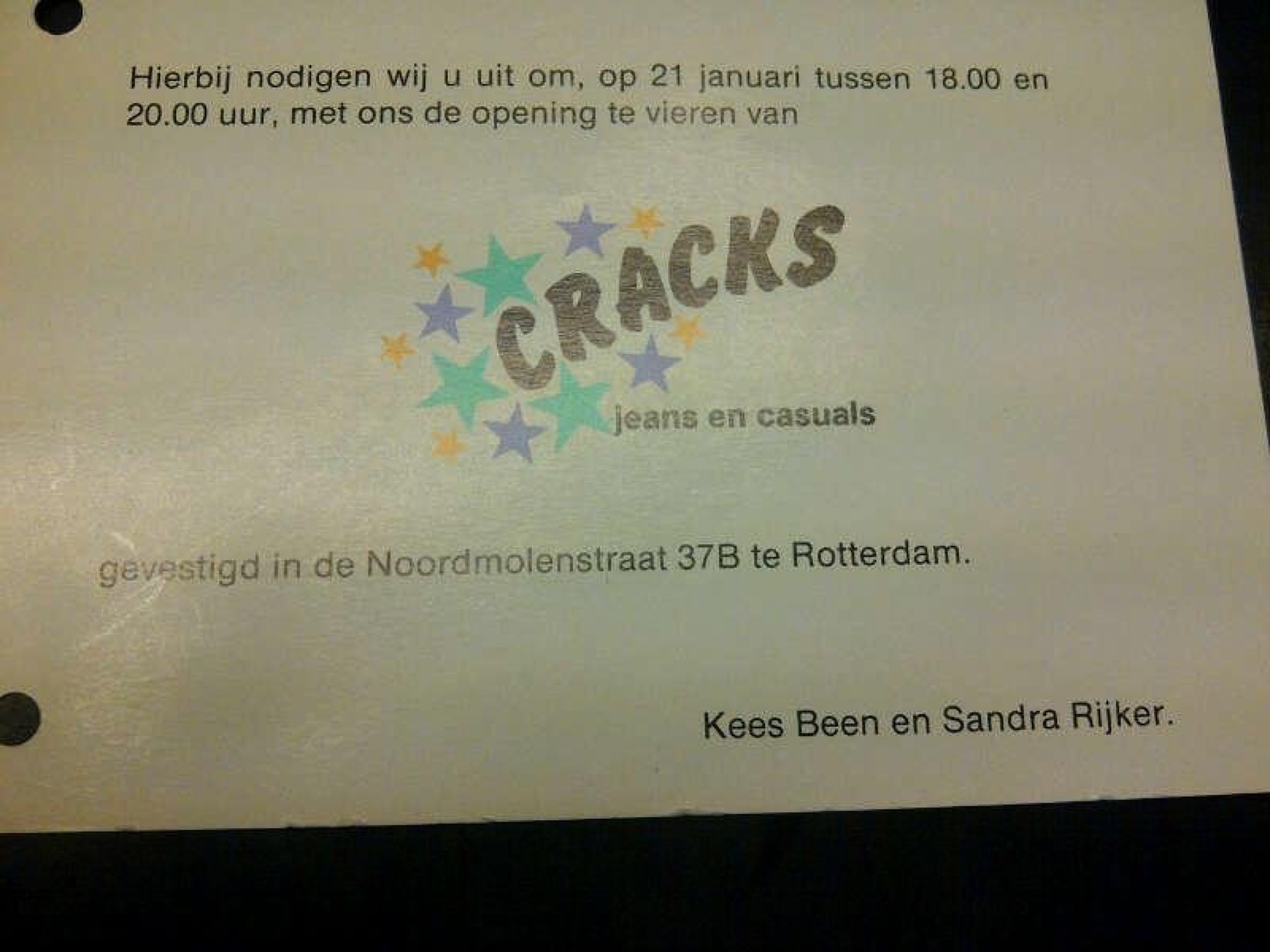 Printed invitation to the opening of Cracks jeans en casuals, Noordmolenstraat 37B Rotterdam, signed Kees Been en Sandra Rijker